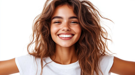 A young woman beams with happiness, radiating joy and confidence with her playful hairstyle.の素材