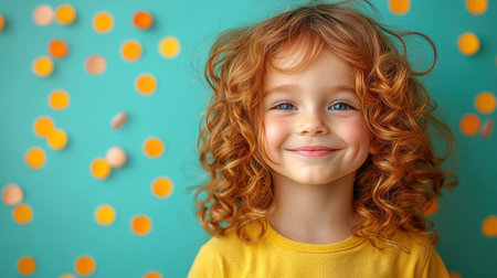 A cheerful child in a yellow shirt beams with happiness amidst a playful orange decor.の素材