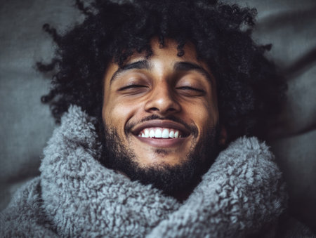 A man enjoys a moment of warmth and happiness, wrapped in a fluffy blanket, smiling contentedly.の素材