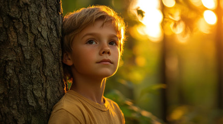A young boy enjoys the tranquility of the forest at sunset, lost in his thoughts.の素材