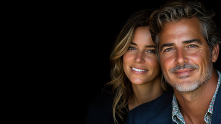 A couple smiles affectionately at each other, sharing a joyous moment in warm lighting.の素材