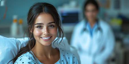 A cheerful young woman enjoys her recovery in a hospital environment, supported by a nurse.の素材