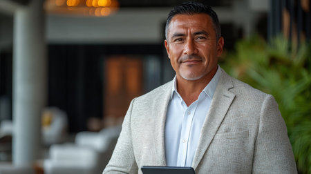 A well-dressed man discusses business while holding a tablet in a luxurious hotel environment.の素材