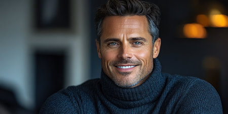 A relaxed man with a bright smile lounges comfortably in a warm and inviting setting.の素材