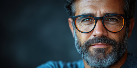 A confident man gazes thoughtfully, his warm expression illuminated by soft lighting.の素材