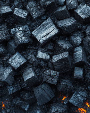 Charcoal pieces smolder as orange embers glow beneath the surface, ready for a perfect grilling experience.の素材