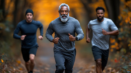 Three men jog side by side along a forest surrounded trail by autumn foliage.の素材