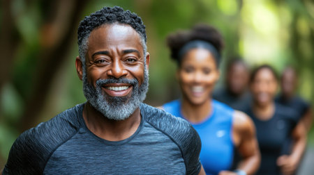 A cheerful man enjoys running with friends in a vibrant park filled with greenery.の素材