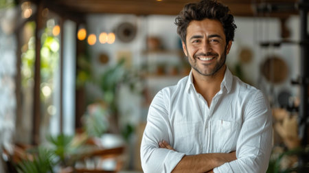 A man in a white shirt stands with a confident smile in a cafe setting.の素材