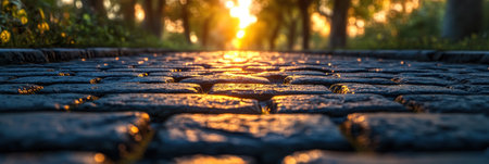 Sunlight warms cobblestones in a peaceful park, inviting a serene evening stroll among nature's beauty.の素材