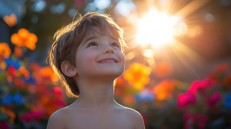 A cheerful young boy gazes upward with delight as the sun sets, surrounded by blooming flowers in vivid colors.の素材