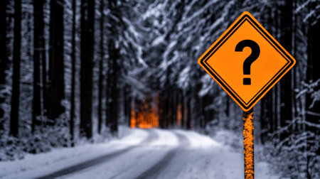 A glowing orange sign stands quietly in the snowy woods, hinting at unknown paths ahead amidst the tranquil backdrop.の素材