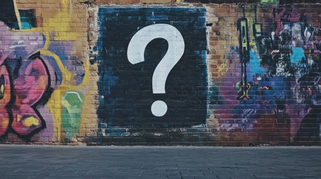 A striking brick wall bursts with colorful art, featuring a large question mark that invites curiosity and reflection.の素材