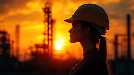 A construction worker stands in profile at sunset, representing the labor and dedication of the industry.の素材