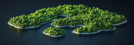 Verdant islands flourish in calm waters, reflecting the harmony and vitality of untouched natural landscapes.の素材