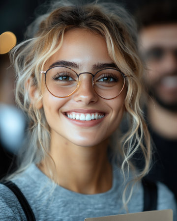 A young woman with a bright smile and glasses enjoys a lively atmosphere in a cozy cafの素材