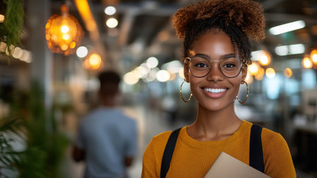 A cheerful young woman in glasses holds a notebook at a stylish cafの素材