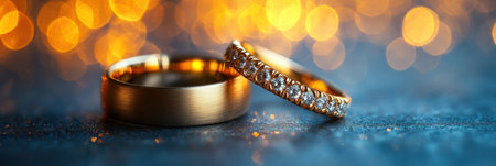 Two beautifully crafted wedding rings shine together amidst a backdrop of warm, twinkling lights.の素材