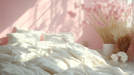 A serene bedroom boasts fluffy white lines and pink florals against a soft pastel backdrop, glowing in daylight.の素材