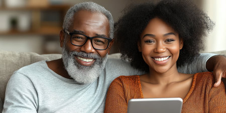 Elderly man and young woman enjoy a happy moment together while using a tablet in a relaxed setting.の素材