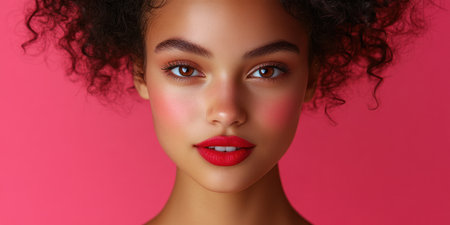 Young woman with curly hair and bold lipstick poses confidently against a vibrant pink backdrop.の素材