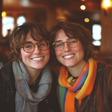 Friends share a cheerful moment in a cozy cafe, enjoying each other's company and smiles.の素材