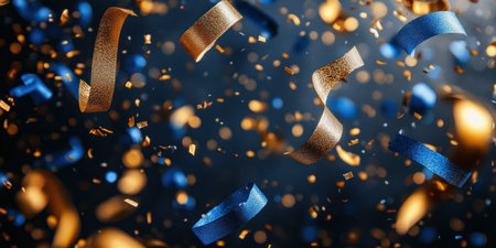 Colorful confetti and streamers scatter joyfully during a celebration at night.の素材