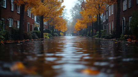 Raindrops create ripples on a flooded street adorned with golden autumn leaves.の素材