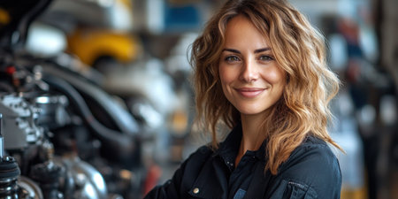 A mechanic smiles while repairing an engine in a bright auto shop.の素材