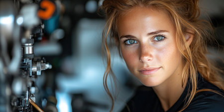 A young woman focused on repairing machinery in a well-lit workshop environment.の素材
