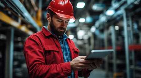 A worker in a red jacket and helmet inspects data on a tablet in a busy warehouse.の素材