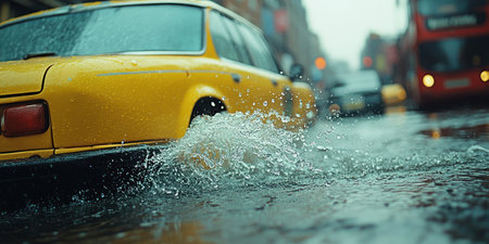 A yellow taxi splashes through deep water on a rainy city road.の素材
