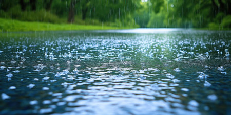 Raindrops create ripples on a peaceful lake surrounded by lush greenery.の素材