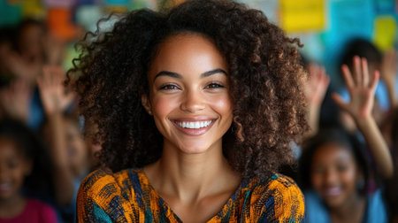 A cheerful teacher interacts with enthusiastic students in a lively classroom environment.の素材