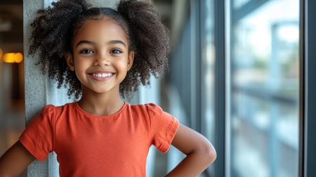 A cheerful young girl stands confidently smiling, enjoying the bright indoor atmosphere.の素材
