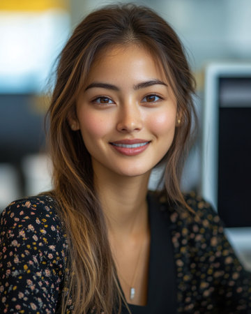 A woman with long hair smiles warmly while working at her desk in an office environment.の素材