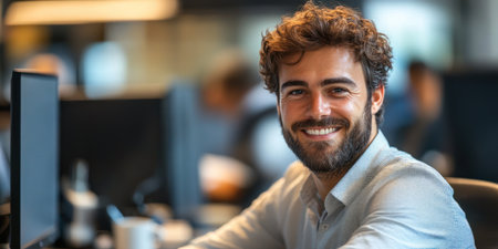 A young man with curly hair smiles at his desk in a busy office setting.の素材