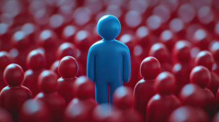 A blue figure is highlighted amidst a sea of red figures, symbolizing uniqueness and individuality.の素材