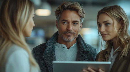 Three professionals discuss ideas while examining a tablet in a contemporary office environment.の素材