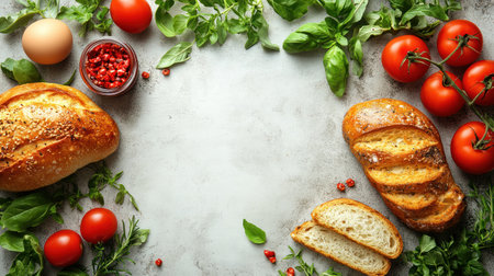 A vibrant array of fresh ingredients includes bread, tomatoes, herbs, and condiments displayed on a counter.の素材