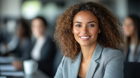 A business professional smiles confidently while seated at a meeting table in a modern office.の素材