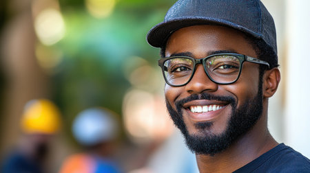 A cheerful young man poses for a close-up while enjoying a sunny day outdoors.の素材