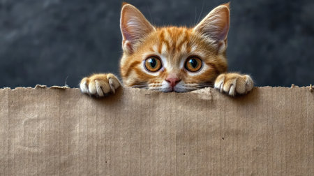 A ginger kitten is curiously peeking over the edge of a brown cardboard box.の素材