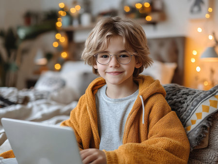 A cheerful boy with glasses engaged in his laptop work in a cozy, warmly lit room.の素材