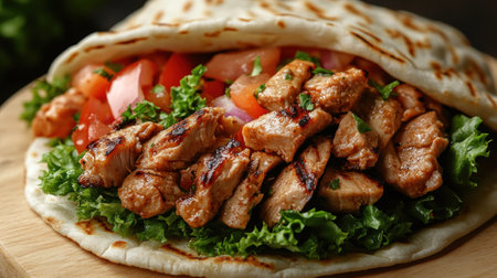 Delicious grilled chicken wrap filled with fresh tomatoes and lettuce on a rustic wooden surface.の素材