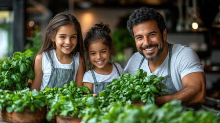 A father and his two daughters joyfully harvest fresh basil together in their indoor garden.の素材