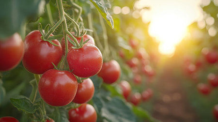 Ripe tomatoes bask in golden sunlight, signaling the start of the harvest season in a vibrant field.の素材
