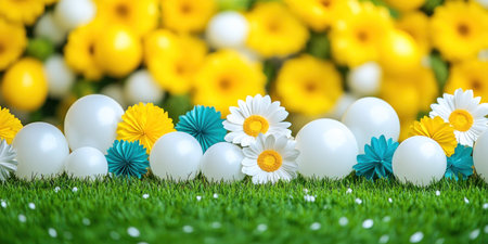 Vibrant decorations and flowers create a festive atmosphere for Easter celebrations outdoors.の素材