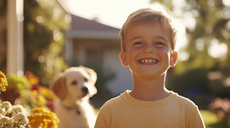 A young child beams with joy in a vibrant garden, accompanied by a friendly dog, enjoying a sunny, carefree afternoon.の素材