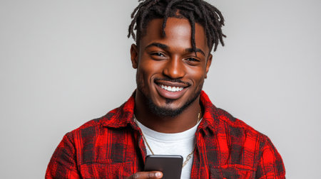 The cheerful young man engages with his smartphone, radiating confidence and style in a cozy setting.の素材